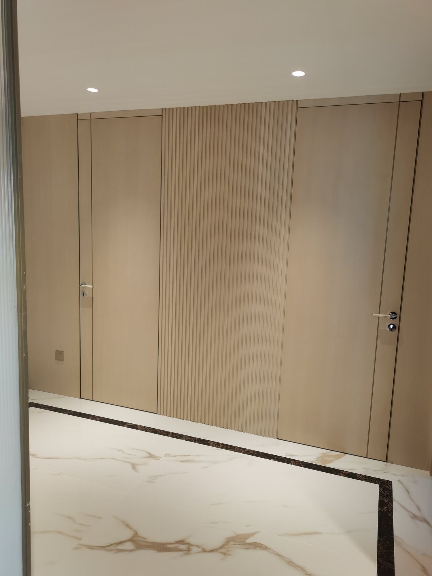 Entryway slatted wall panels with concealed doors on both sides and matching wood veneer
