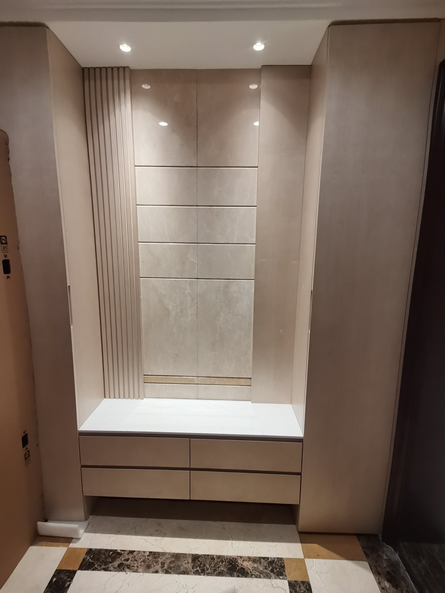 Entryway custom shoe bench and decorative cabinet with slatted panels