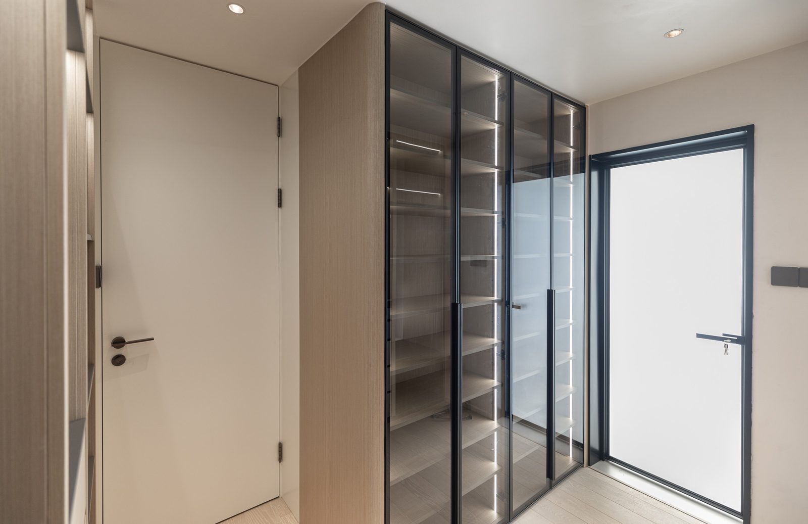 Walk-in closet glass-door custom cabinets with LED strips