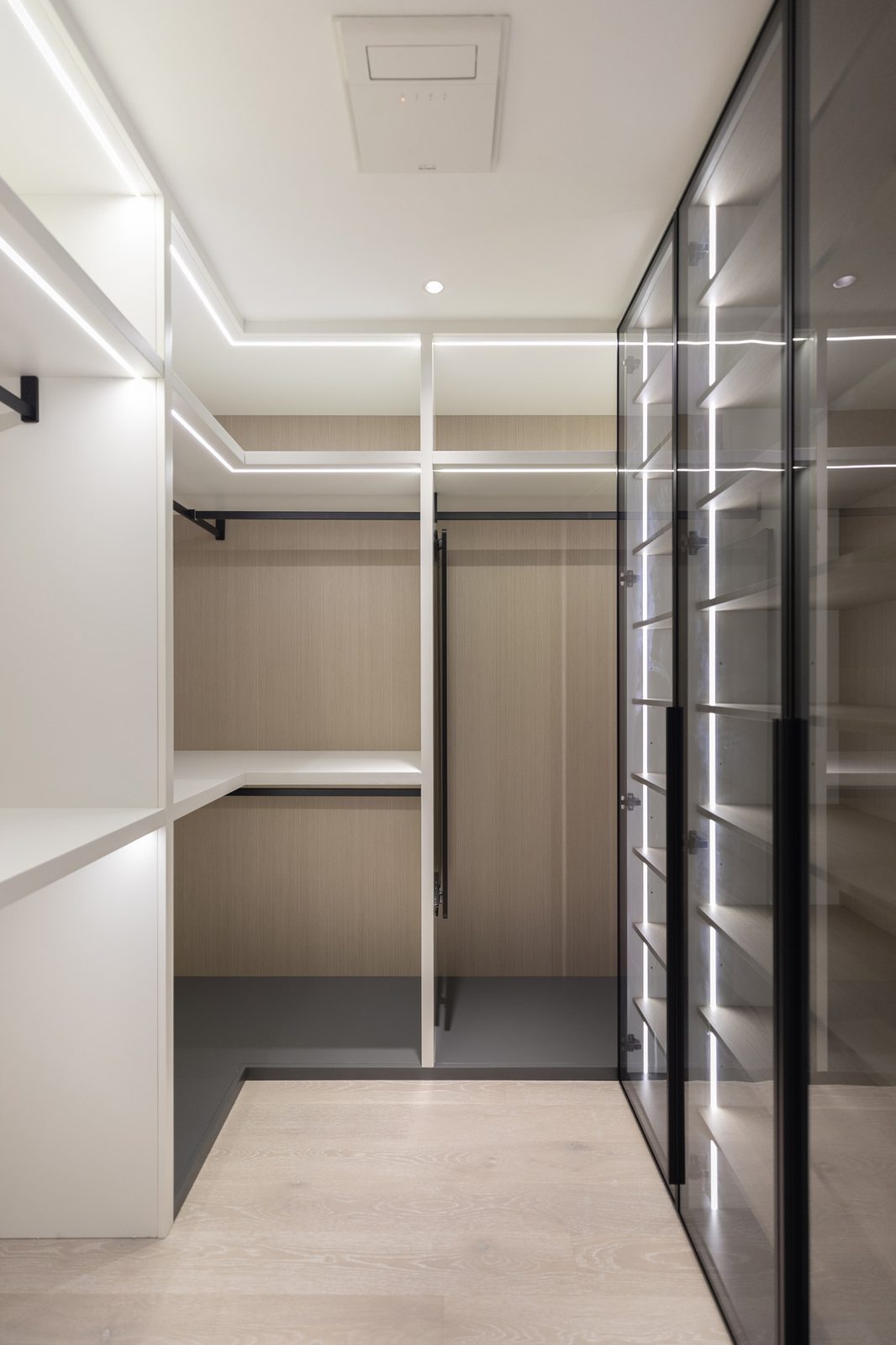 Walk-in closet with open shelving and glass-door cabinets