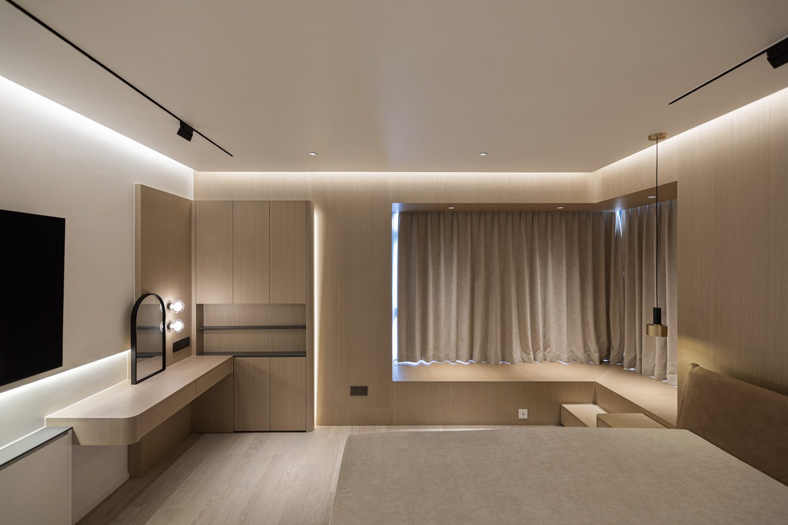 Bedroom dressing table, bay window storage and wood veneer panels