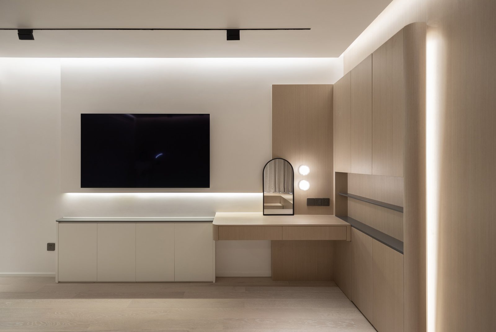 Bedroom integrated TV console and dressing table custom woodwork