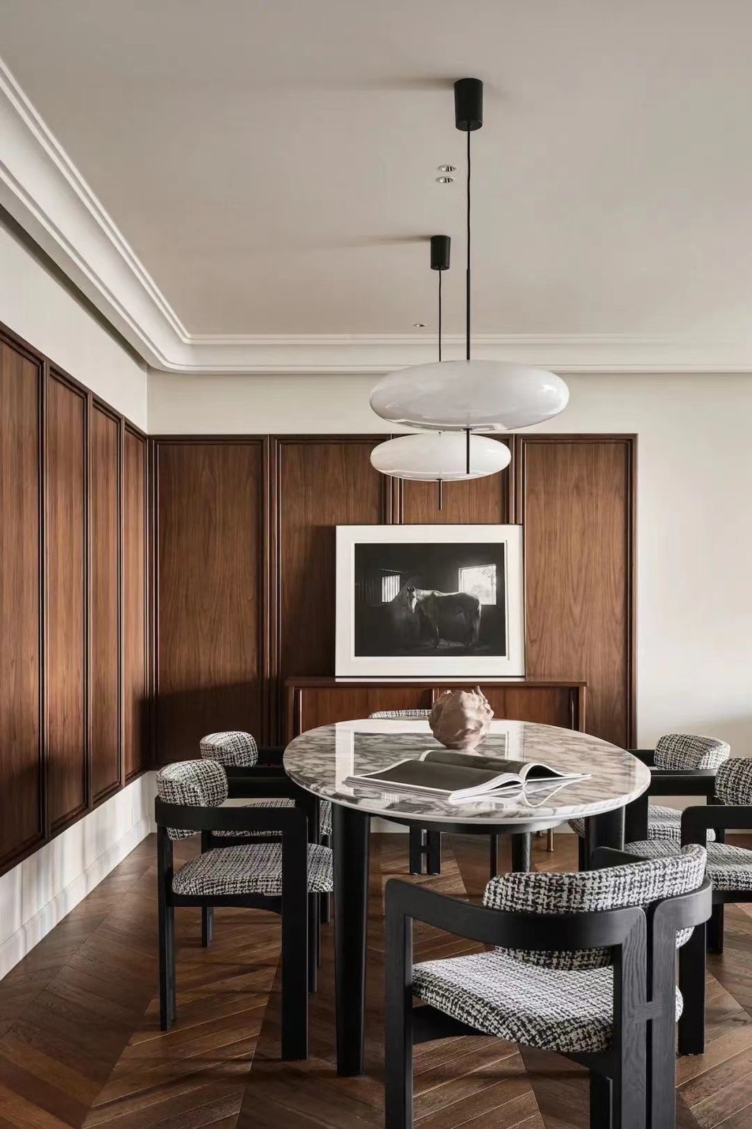 Dining room custom wood wall paneling and sideboard millwork