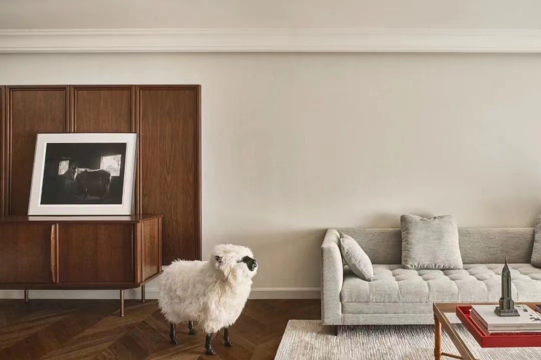 Living room custom wood cabinetry and sofa