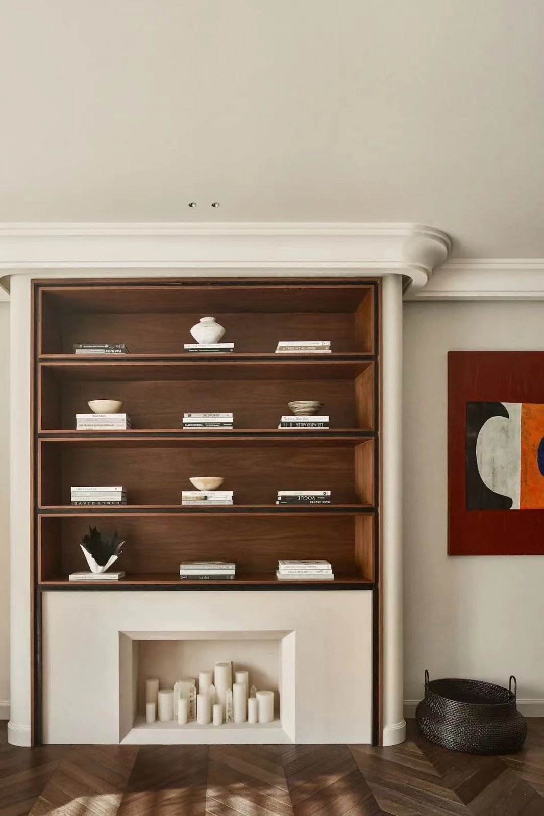 Living room open shelving and niche millwork cabinetry