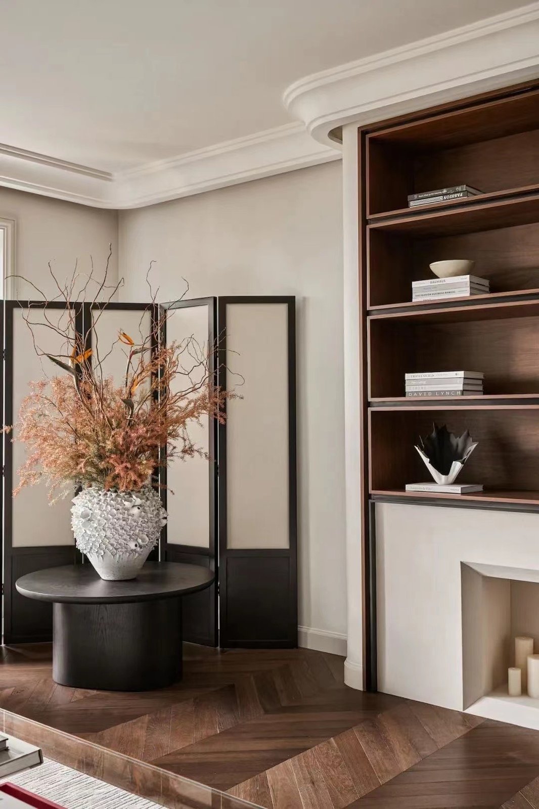 Living room dark wood open display cabinetry