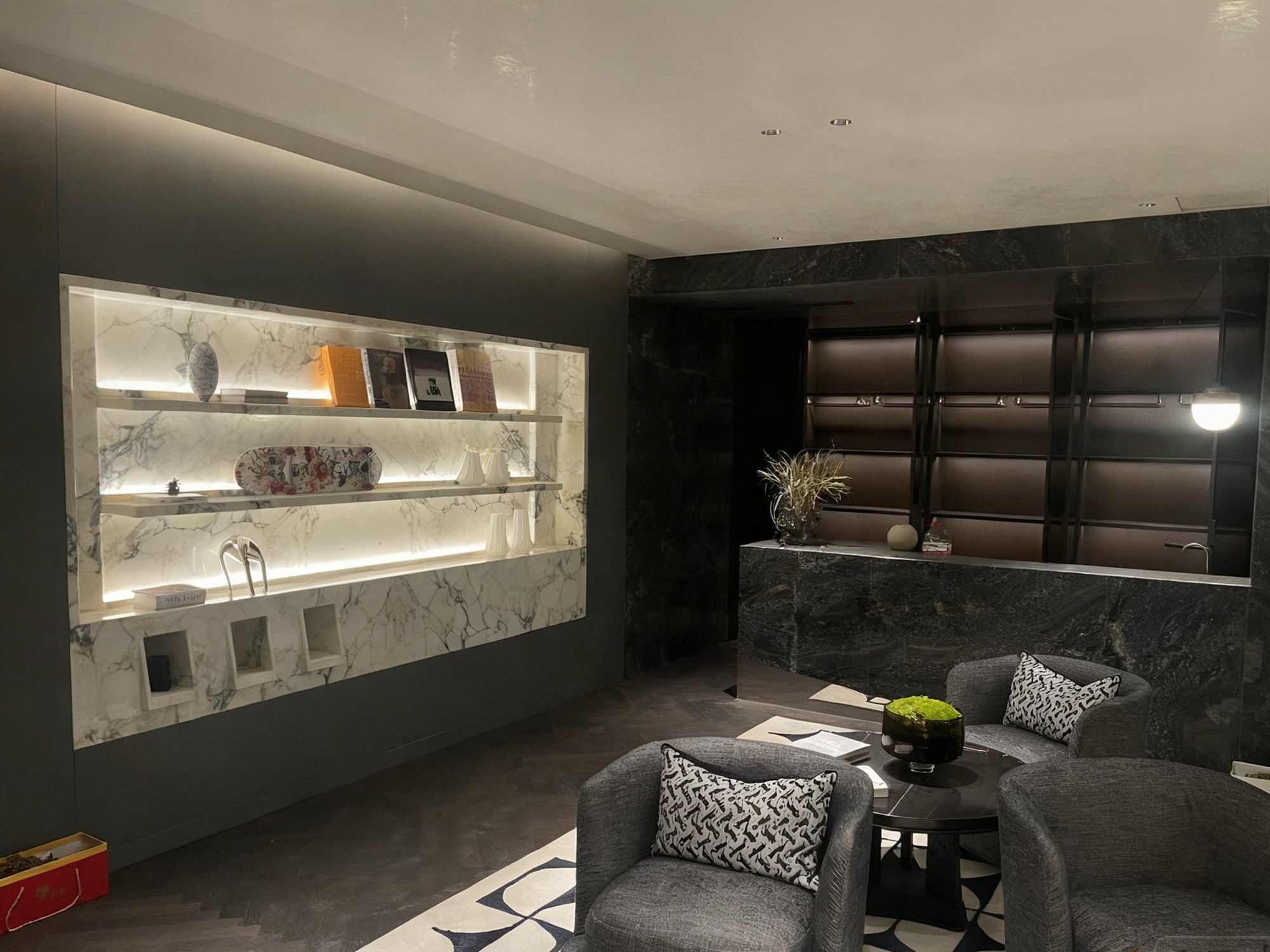 Reception area, marble display cabinet