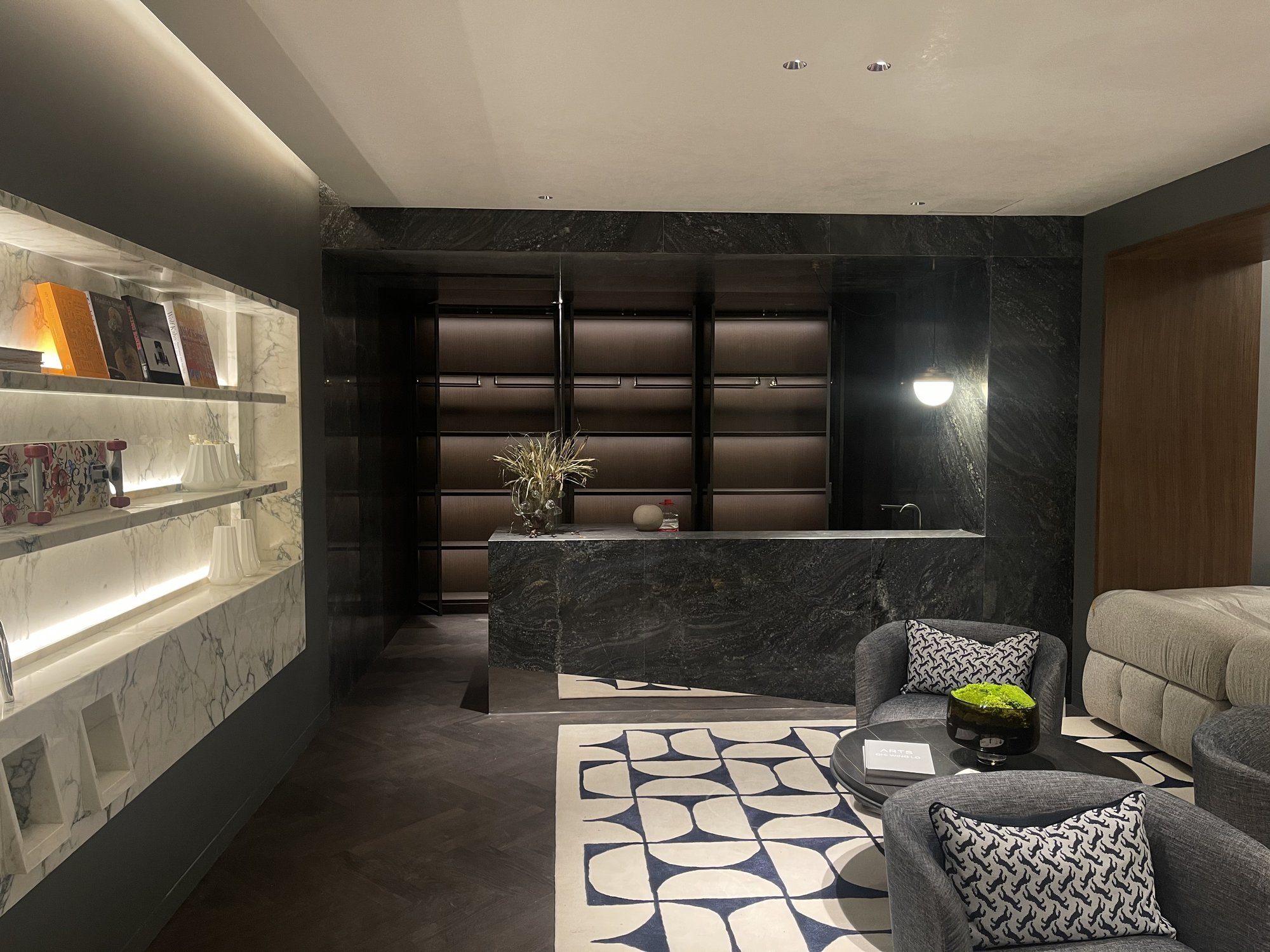 Leisure area, marble shelving and bar counter