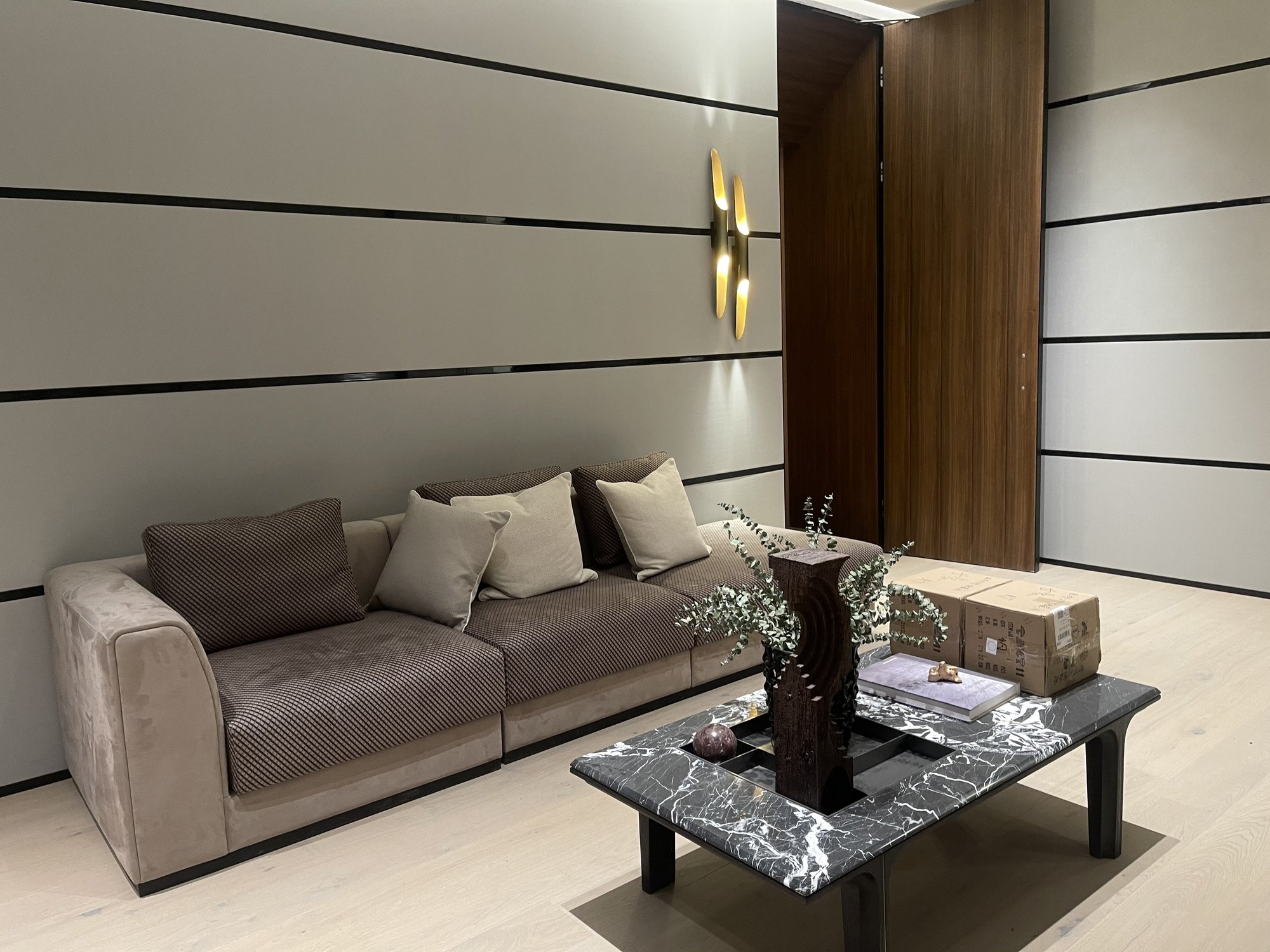 Living room, upholstered feature wall