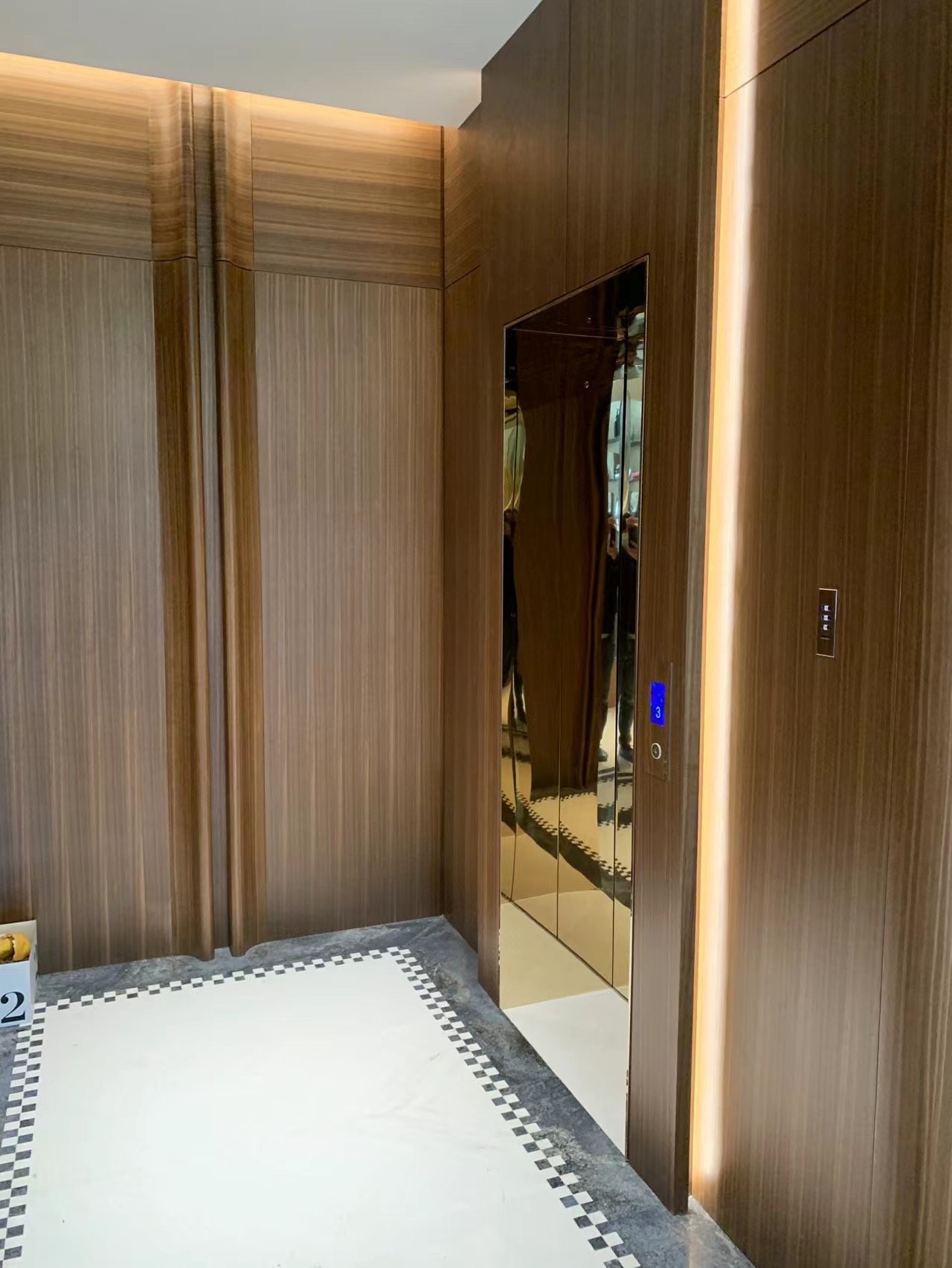Elevator hall, wall paneling