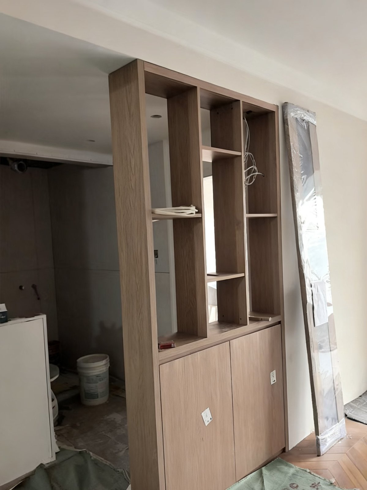 Living room: custom wood decorative cabinet unit